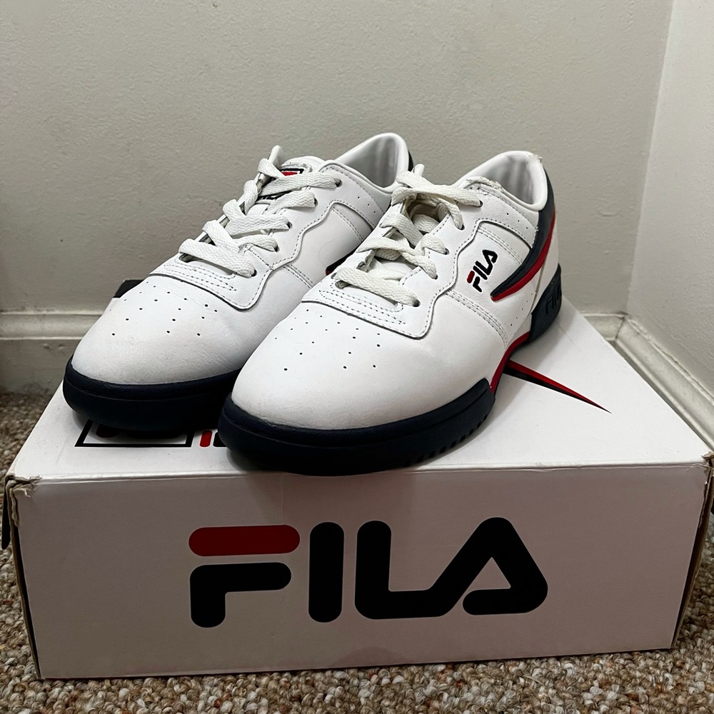 White, Blue, & Red FILA Sneakers